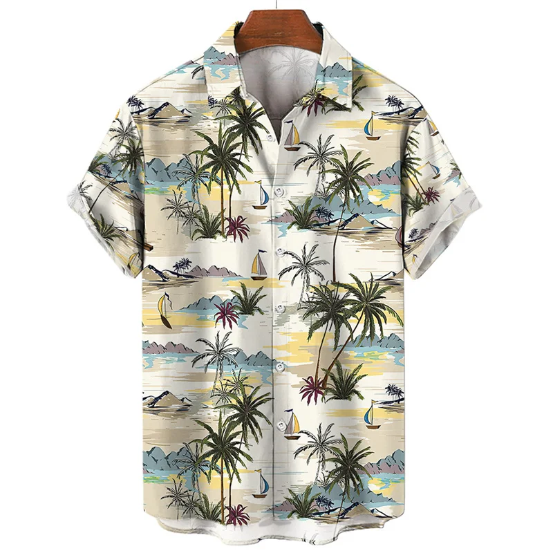 Camisa havaiana masculina com estampa 3D palmeira, tops de manga curta, blusa de lapela grande, roupa de rua, verão fresco