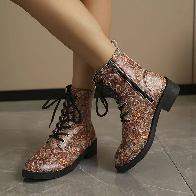 2024 autunno colorful Snake Print stivaletti donna Pu Leather Lace Up Short Boots Fashion Show stivali da donna 35-43