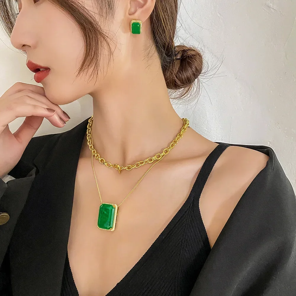 SrJewelry Hot Selling INS Style European and American Fashion Popular Cool Style Stacked Chain Imitation Emerald Set