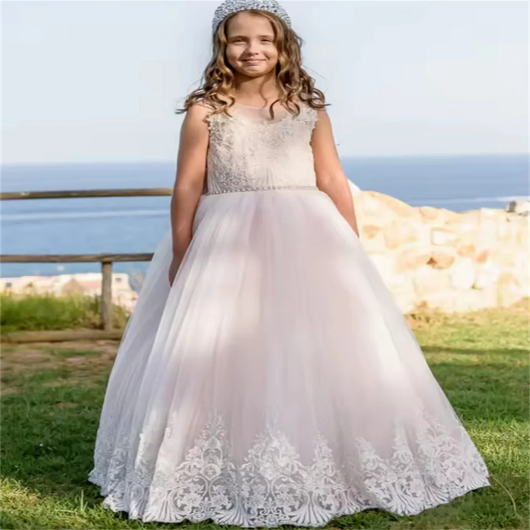 Flower Girl Dresses Light Pink Tulle Flory Appliques With Bow Sleevesless For Wedding Birthday Party Banquet Princess Gowns