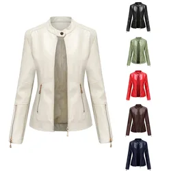 Chaqueta de piel sintética para mujer, abrigo corto con cremallera y solapa, informal, ajustado, para motocicleta, para otoño y primavera