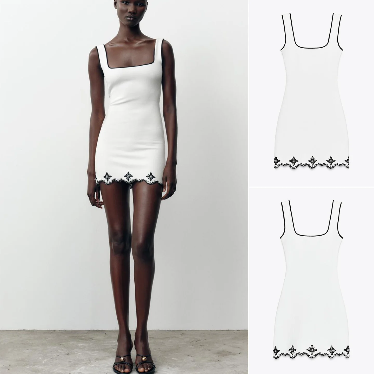 Novo Vestido Sem Mangas com Gola Quadrada e Bordado em Cores Contrastantes para Mulheres Moda Casual em Fibra de Poliéster