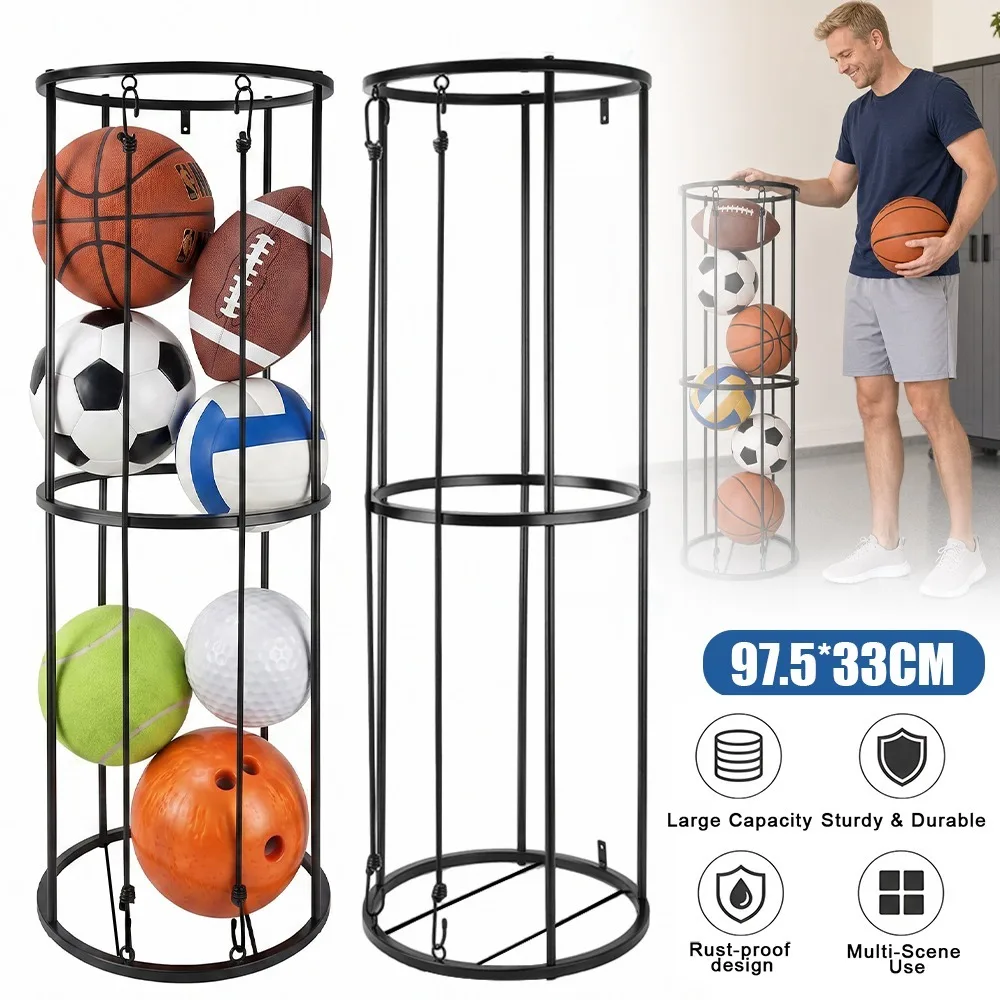 Support de rangement vertical pour ballons (basketball, football, volley-ball et soccer) – Organisateur d'équipement sportif peu encombrant pour garage, sous-sol et murs extérieurs, idéal pour les coins sportifs à domicile et les salles d'équipement des clubs.