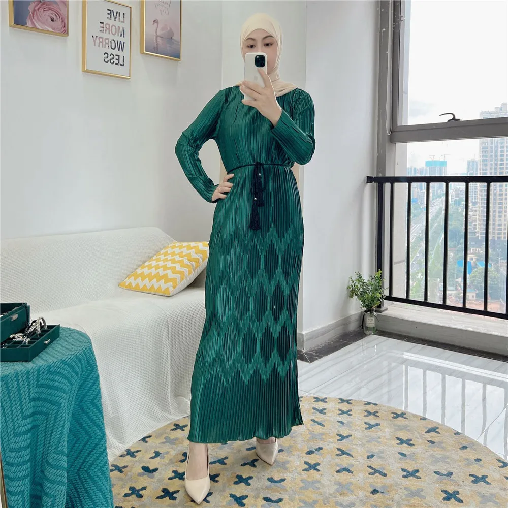 

Dubai Turkey Pleated Maxi Dress Women Muslim Abaya Islamic Clothing Saudi Arabic Robe Eid Ramadan Abayas Femme Musulman Vestidos