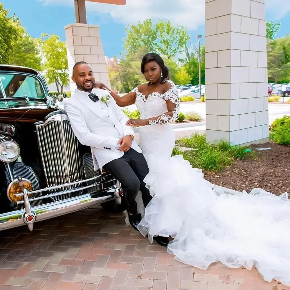 

Customized Cascading Ruffles Cathedral Train Mermaid Wedding Dresses With Long Sleeve Lace Beaded Plus Size African Gown