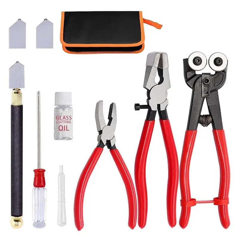 

ABGH-Glass Cutting Tool Set Kit, Wheeled Glass Tile Nippers Glass Running Pliers Breaking Pliers Oil Feed Glass Cutter Set