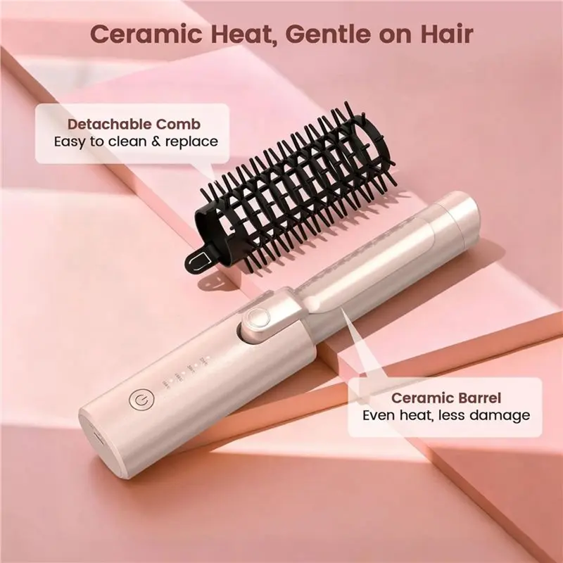 ABZA-Portable Travel Hair Curler, Cordless Hair Curling Iron Brush, Rechargeable Straightening Wand, Heated Round Brush