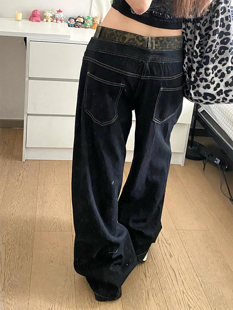 ADAgirl Leopard Fake Two Piece Denim Pants Women Y2k Vintage Baggy Jeans Korean High Waist Loose Straight Hip Hop Casual Trouser