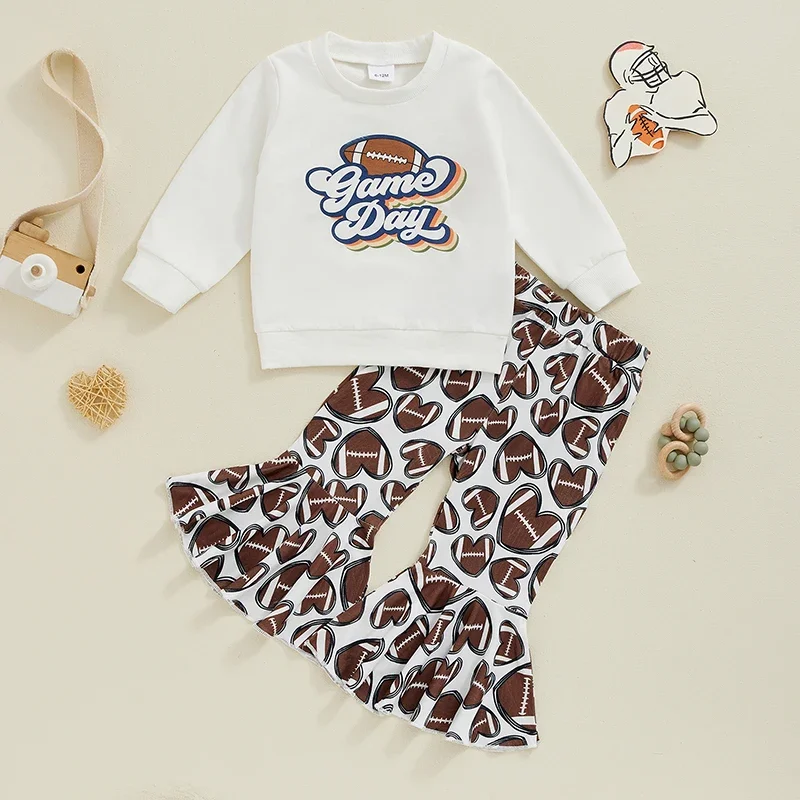 

2024-07-26 Lioraitiin Toddler Baby Girl Football Outfit Game Day Sweatshirt Top Flare Pants Set 2Pcs Infant Fall Winter Clothes