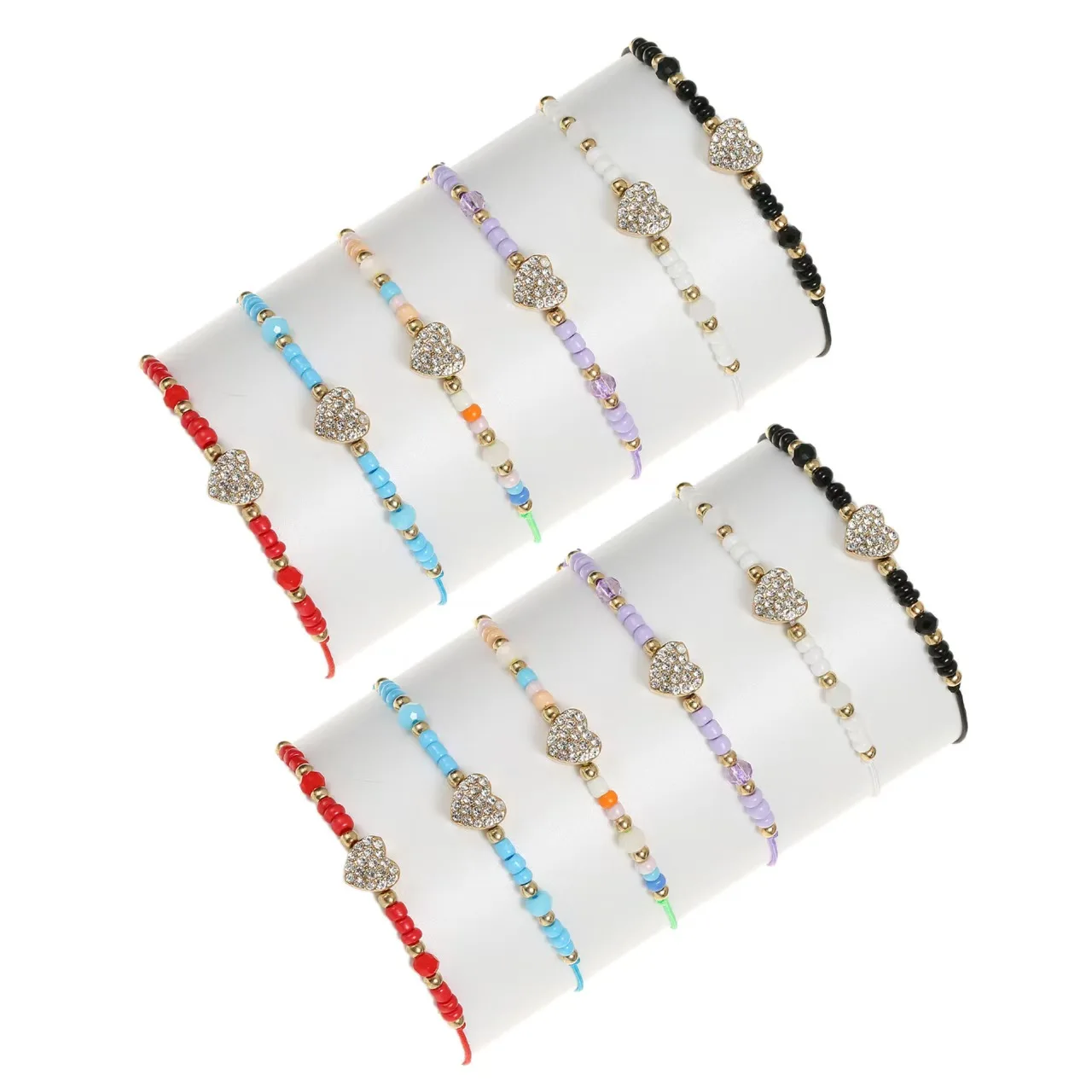 

12 Pieces Of Alloy Heart Set Rhinestone Multi-Color Rice Bead Crystal Bead Bracelet Fashionable Couple Adjustable Bracelet