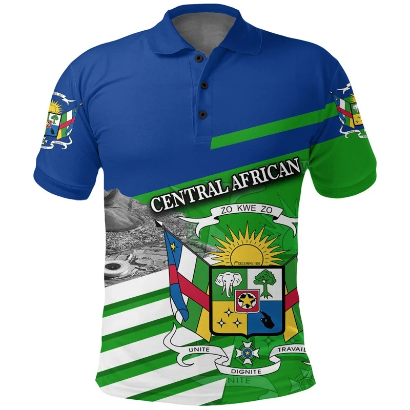 Full Print Central African Republic Flag Map Polo Shirts For Men Clothes National Emblem Button POLO Shirt Tee Tops Camisetas