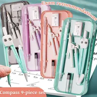 Kawaii 9pcs Ruler Set for Exams Geometry Compass Straight Edge & Protractor Portable Math Drawing Tools Stationery Supplies