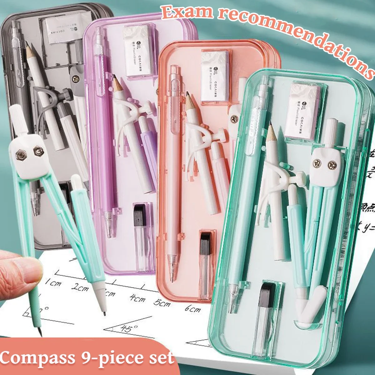 Kawaii 9pcs Ruler Set for Exams Geometry Compass Straight Edge & Protractor Portable Math Drawing Tools Stationery Supplies