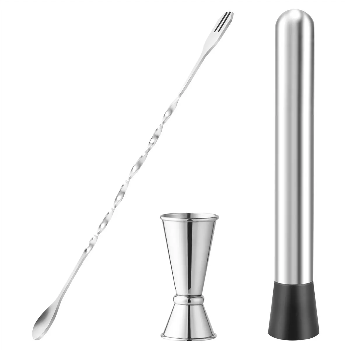 COFA Stainless Steel Muddler for Cocktails,Mixing Spoon and Measuring Jigger,Professional Bar Tools,8-Inch Bar Muddler