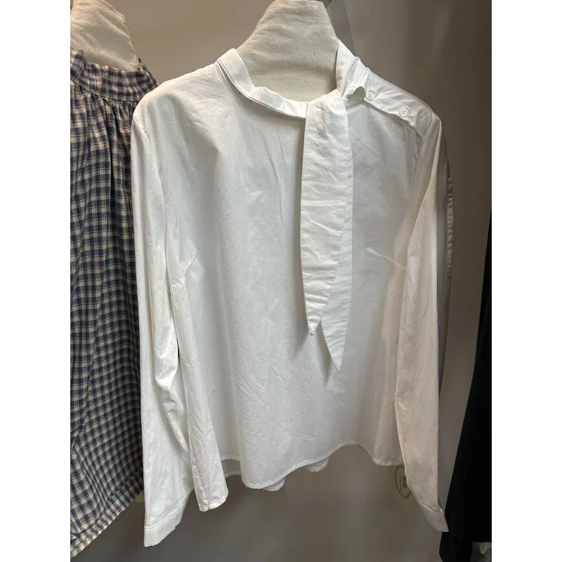 

Южнокорейская новинка 2025 года, ретро-гонконгский стиль, кружевная клетчатая рубашка с длинными рукавами и лацканами, женские универсальные топы