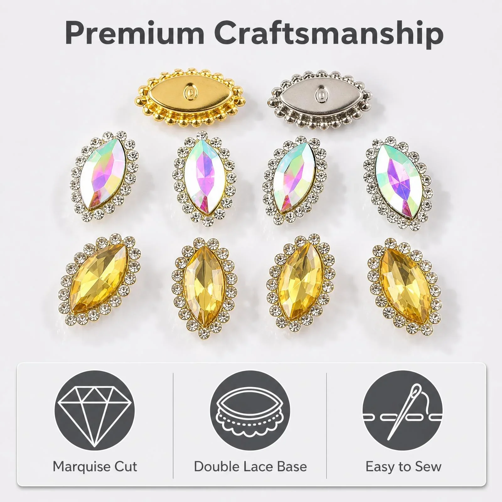 500/1000pcs 12x20mm Marquise Sew On Rhinestones Double Layer Claw Crystal Beads Gold Silver Base DIY Craft Clothing Supplies