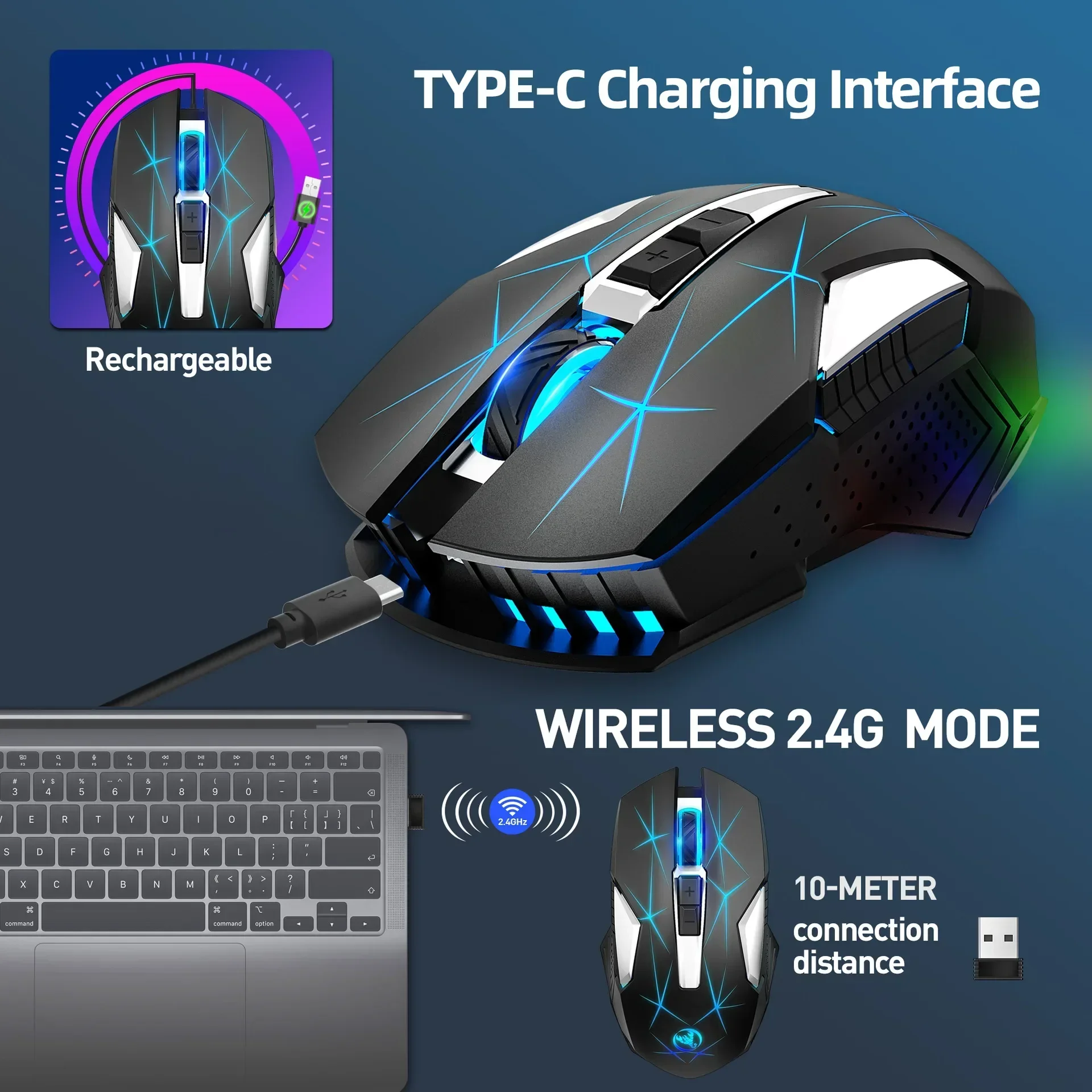 ZLRLMHY laptop wireless gaming mouse, backlit T300 2.4G 600mAh rechargeable color RGB computer laptop 7-key optical