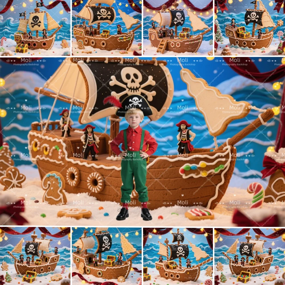 

Christmas Pirate Ship Backdrop Custom Treasure Banner Boy Girl Happy Birthday Party Decor Xmas Portrait Photography Background