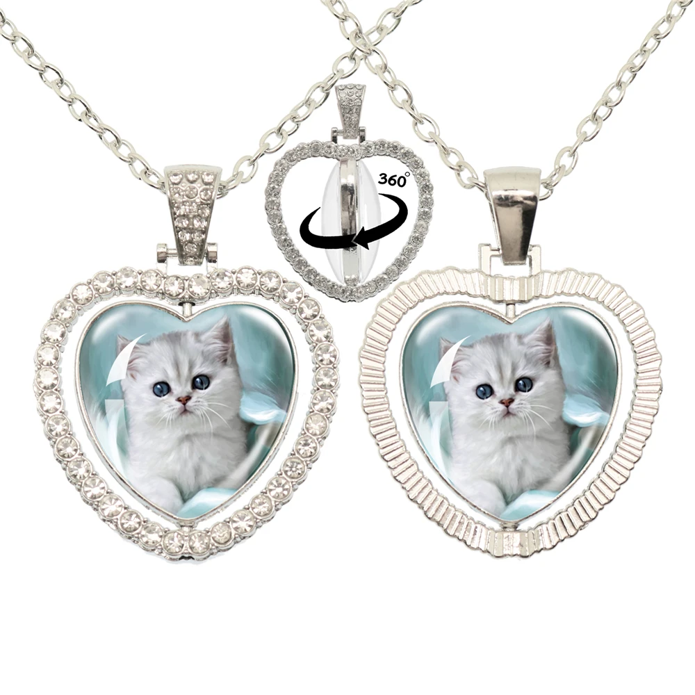 Lovely Little Cat Glass Cabochon 360 Degree Rotating Heart Shaped Pendant With Double-Sided Necklace For Girls\' Birthday Gift Je