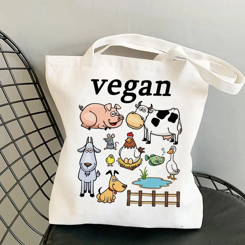 Bolso de mano de lona vegana estilo Harajuku con lindos animales de granja diseños de arte de dibujos animados bolso de hombro casual para amantes veganos uso diario