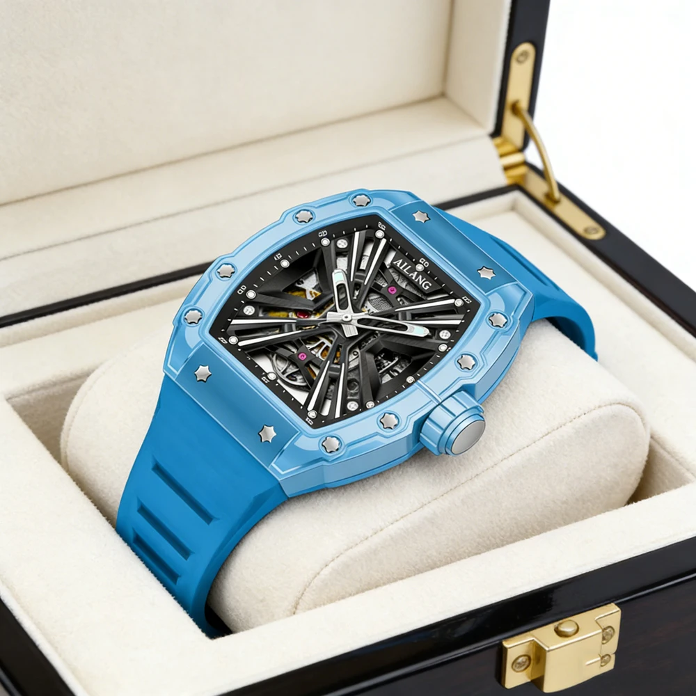 

Новые спортивные механические часы AILANG для мужчин: водонепроницаемые, с силиконовым ремешком, светящиеся, скелетонизированные, автоматические, люксовые, с полым циферблатом