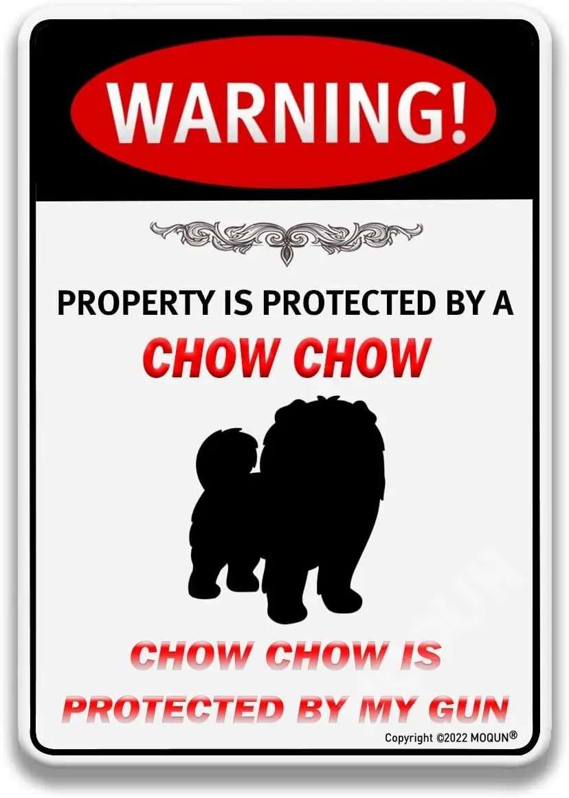Letrero metálico divertido de Chow Chow con advertencia: Cuidado con el Chow Chow, la propiedad está protegida. Decoración de pared para exteriores, letreros para jardín, 8x12 pulgadas.