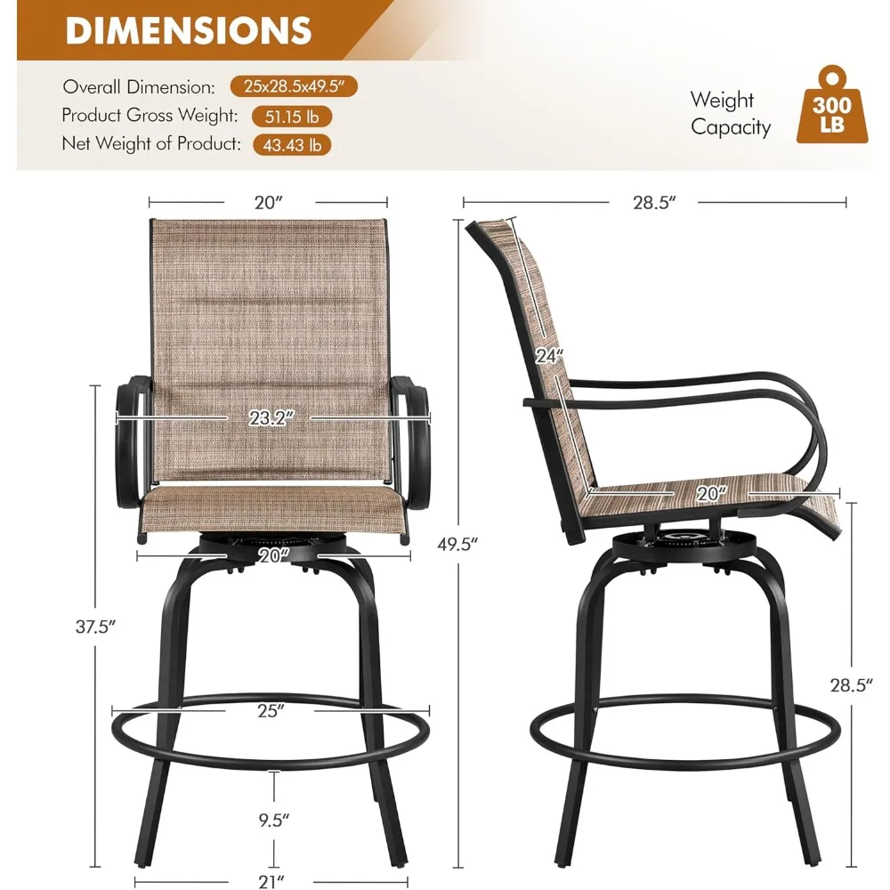 4-teilige drehbare Barhocker für die Terrasse, Texteline-Bistrostühle mit hoher Rückenlehne/Armlehne/Fußstütze, gepolsterte Allwetter-Sitzgelegenheiten für den Außenbereich, Pelz