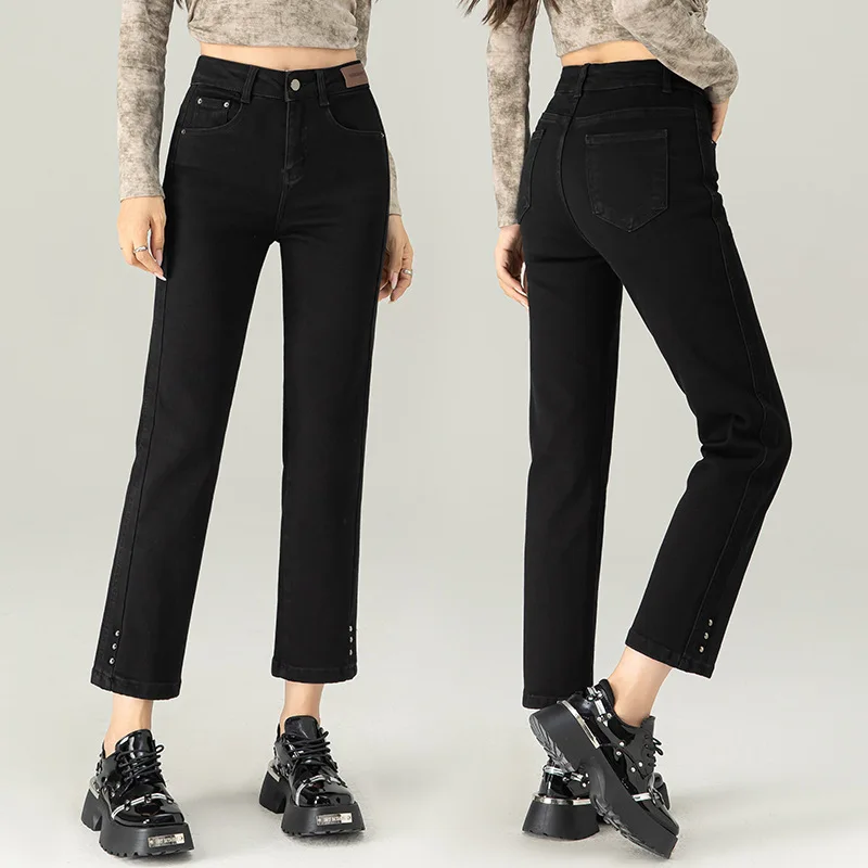 جينز أسود بقصة ضيقة للنساء، سروال قصير جديد للتخسيس عالي الخصر للخريف، بنطلون متعدد الاستخدامات