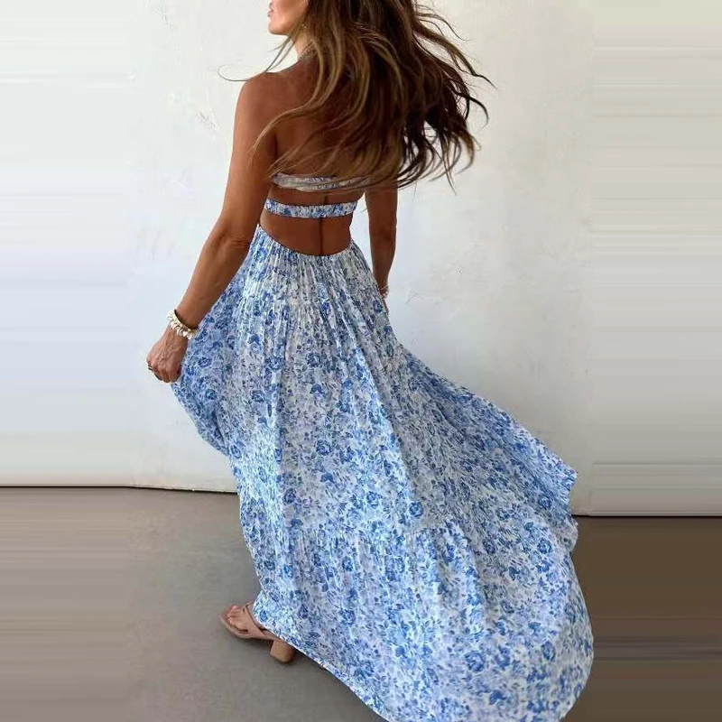 Modisches Ausgeschnittenes Ärmelloses Urlaubskleid Sommer Schulterfreies Plissiertes Schlankes Maxikleid Elegantes Damen Off-Shoulder Abendkleid