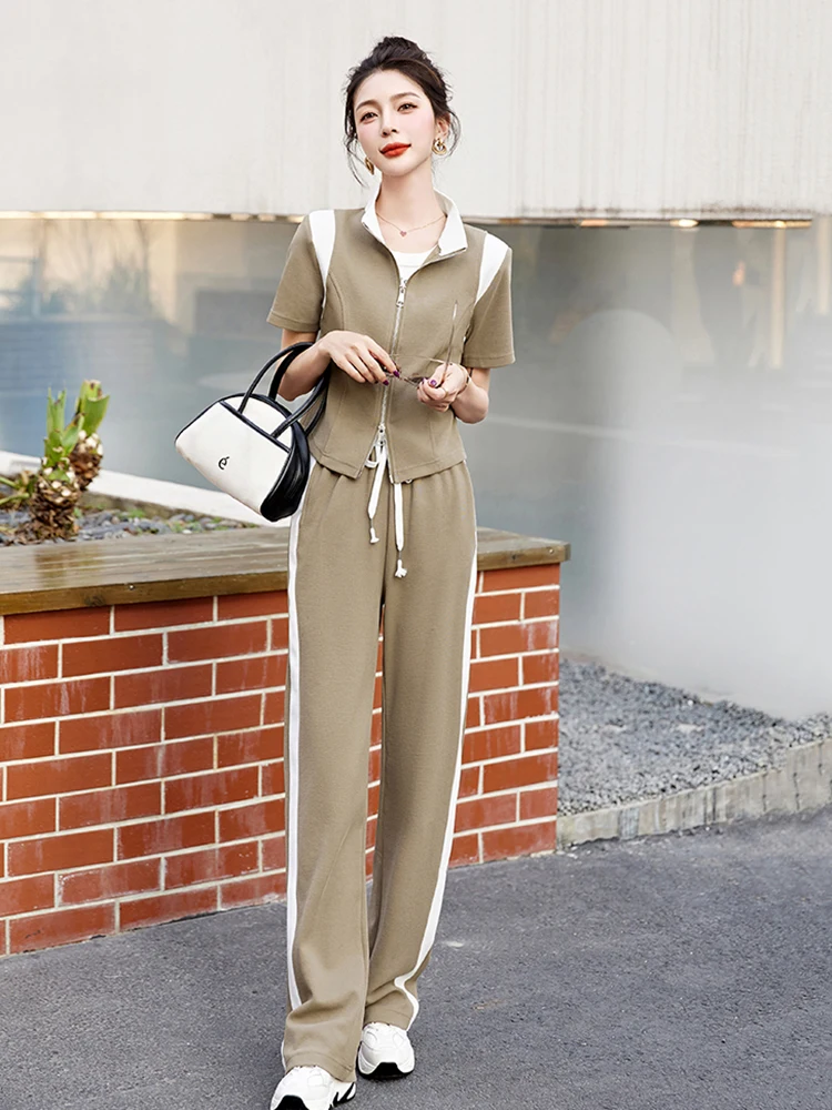 Two-Piece Set for Women Leisure Sports Suit Zipper Top High Waist Leg Tied Wide Leg Pants Patchwork Color New Fashion Summer