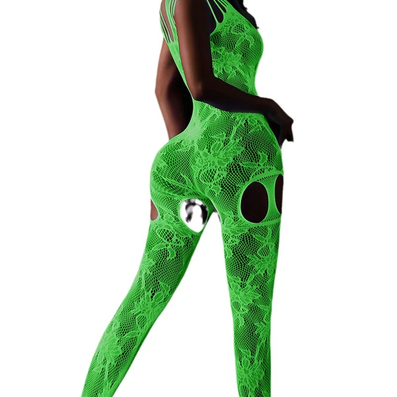 Bodystocking Plus Size Glow In The Dark, Lingerie Jaring Ikan yang Dapat Dilepas, Bahan Mesh Transparan, Berlubang, Pakaian Tidur Sensual