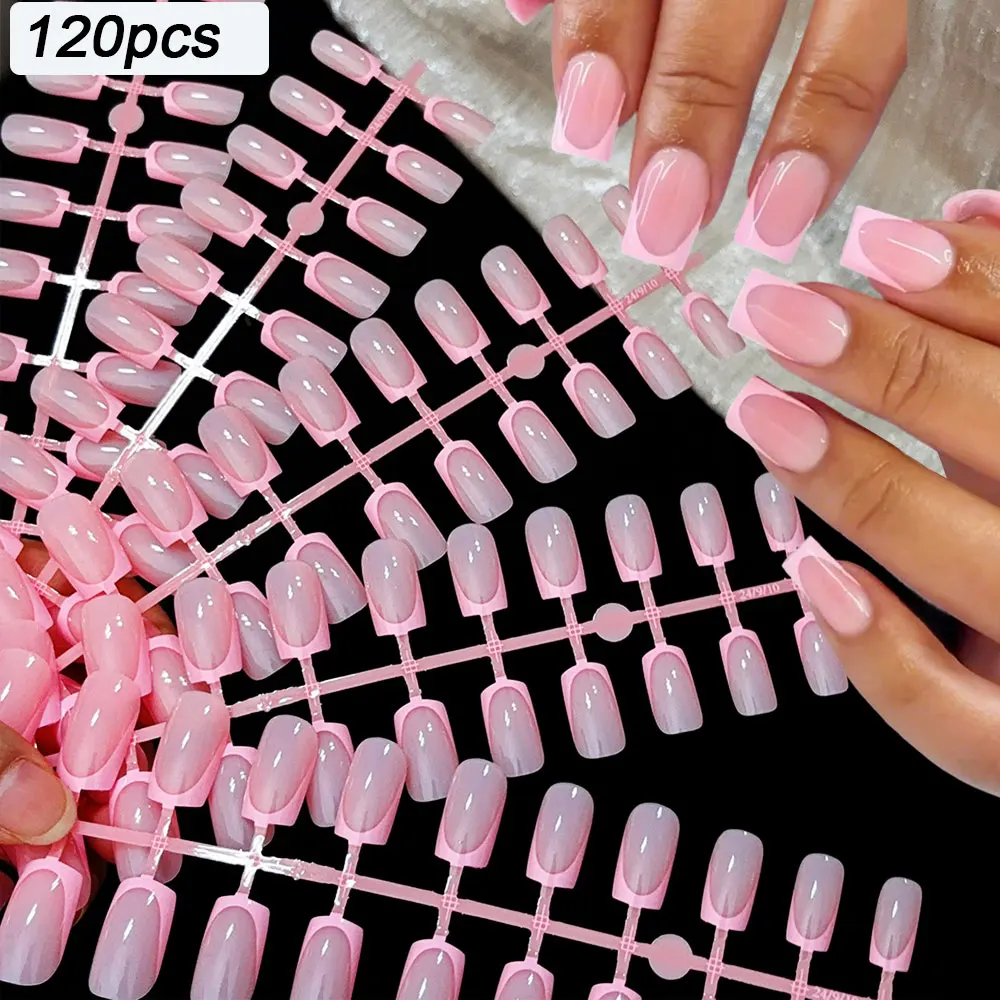 120 Stück/Beutel, glänzend, rosa, französische Spitze, zum Aufdrücken der Nägel, mittelgroß, quadratisch, Acryl, französische künstliche Nägel, 12 Größen, natürliche wiederverwendbare
