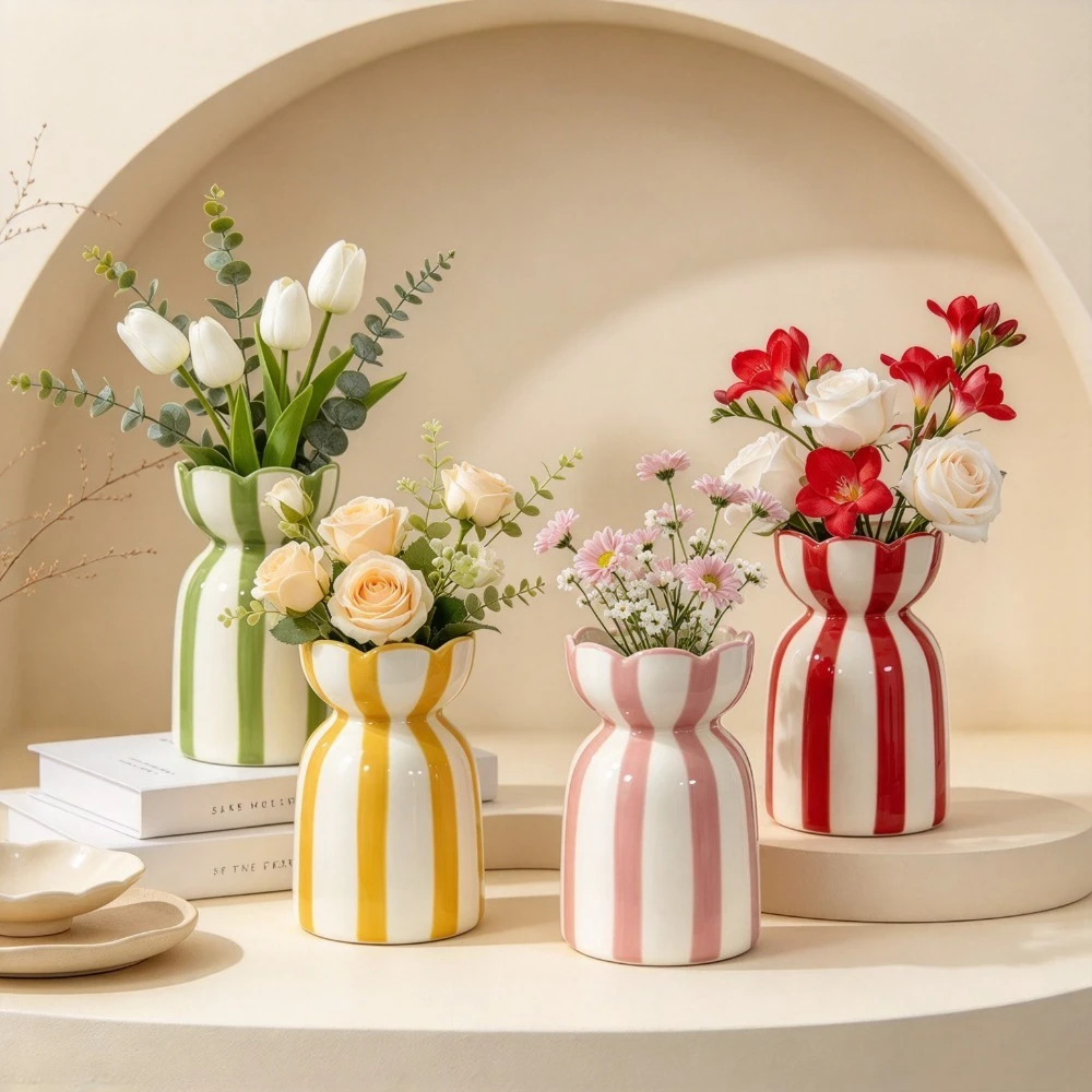 Cute Striped Ceramic Flower Vase Wave Scalloped Rim Decorative Vase Small Table Centerpiece Home Decor Gift for Housewarming