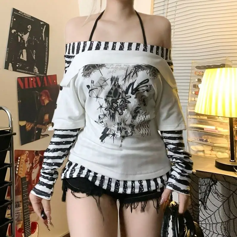 

Y2K Striped Splice Long Sleeve Shoulder Bared One-Shoulder Neck Hanging Women's T-shirt Fashionable Casual Top for Middle-Age...