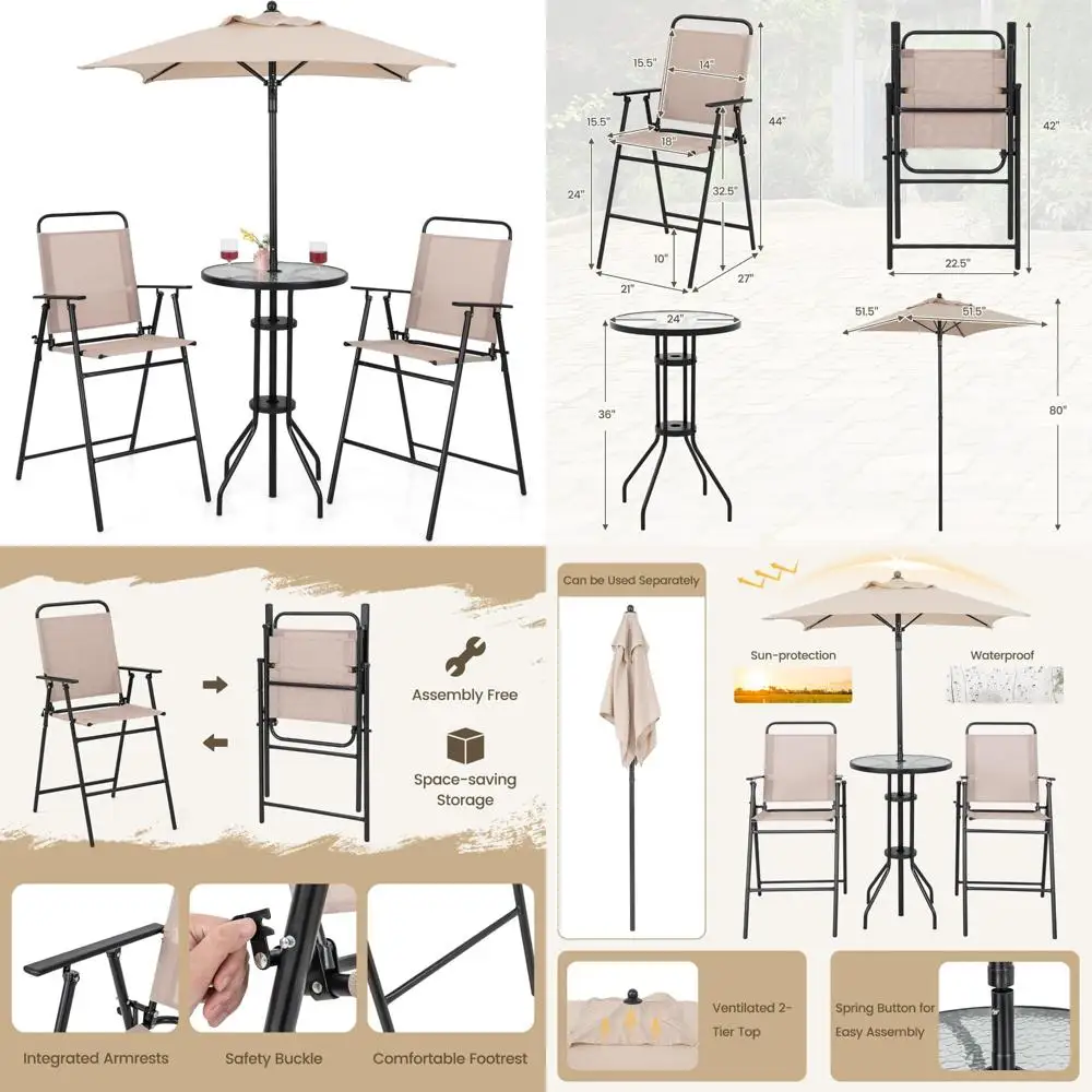 outdoor patio bar set with round high top table, 2 folding counter chairs, and umbrella for bistro dining