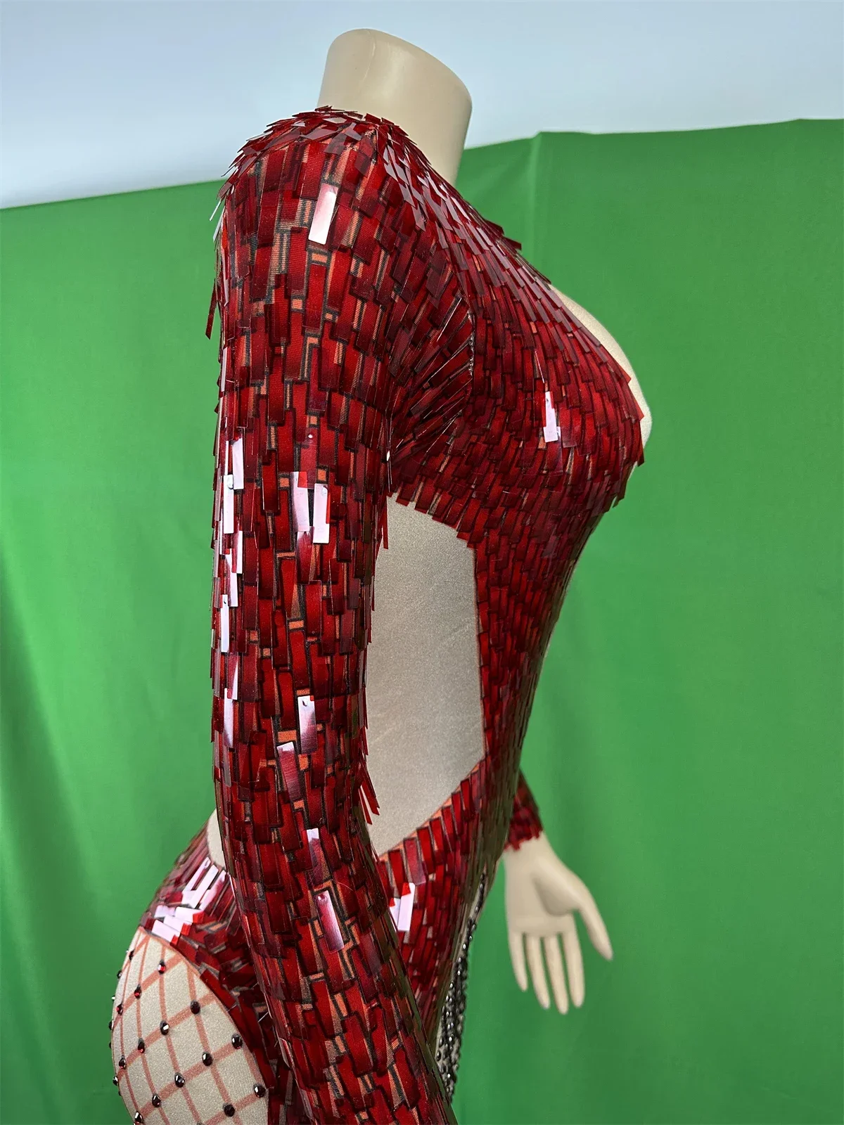 Damskie czerwone cekinowe kombinezony z dżetami, elastyczne, do tańca, na noc, błyszczące rajstopy, kostiumy DJ DS z brokatem, 2025