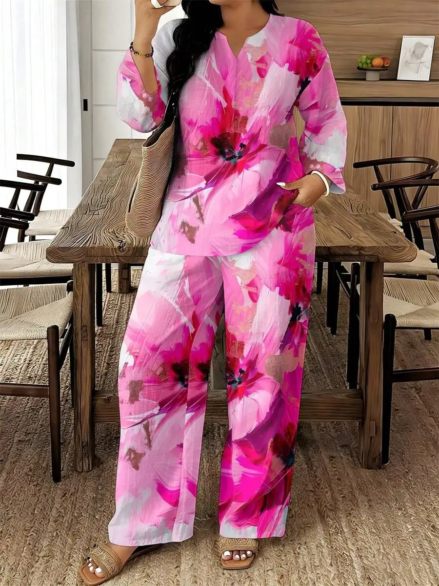 

Vibrant Pink Floral Print Women’s Loose Fit Two-Piece Set For Summer Casual Wear