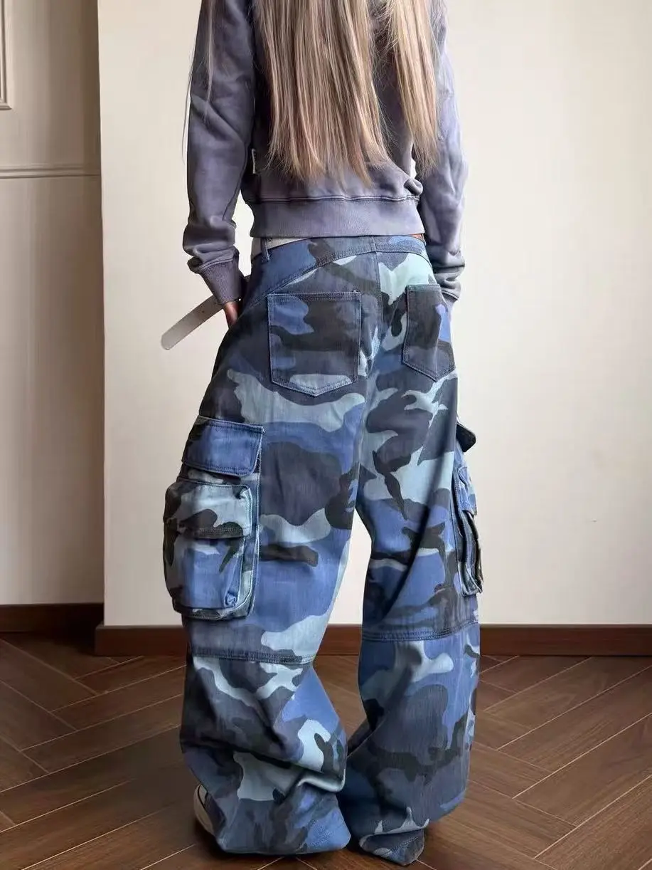 Men's Retro Blue Camouflage Casual Pants Street Boys Bottom Wide Legs Sweatpants Male High Waist Unisex Trousers
