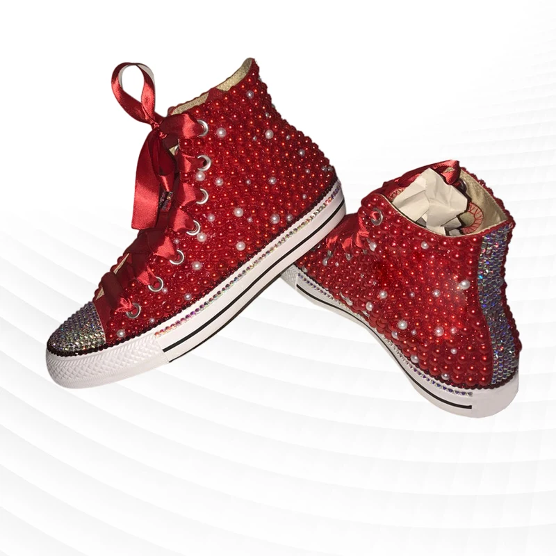 Red diamond pearl ribbon party wedding high top women\'s shoes handmade custom large size lace-up canvas shoes 35-44