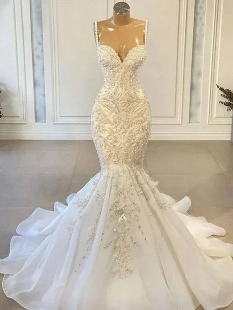 Luxury Mermaid Wedding Dresses 2024 Beaded Appliques Vintage Lace Up Back Bridal Gown Spaghetti Straps Vestido De Novia