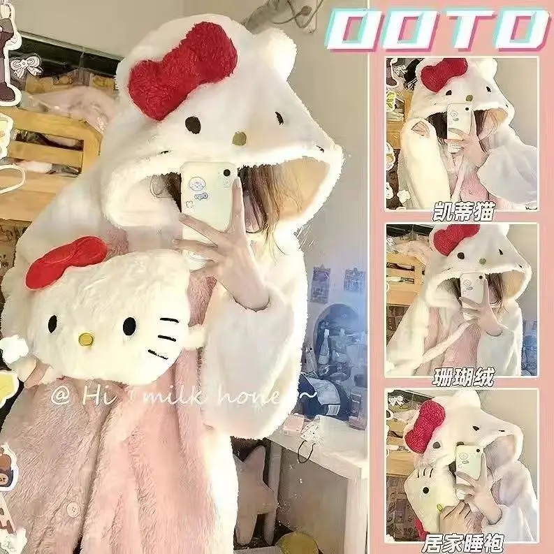 2024, пижамы Hello Kitty, женские осенние и зимние коралловые бархатные утолщенные халаты, милая зимняя ночная рубашка, длинный женский костюм