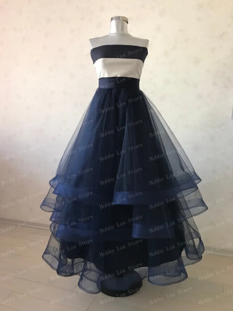 Falda larga de Organza con volantes para Mujer, falda de novia fruncida con cremallera, Color azul marino, hecha a medida, 2023