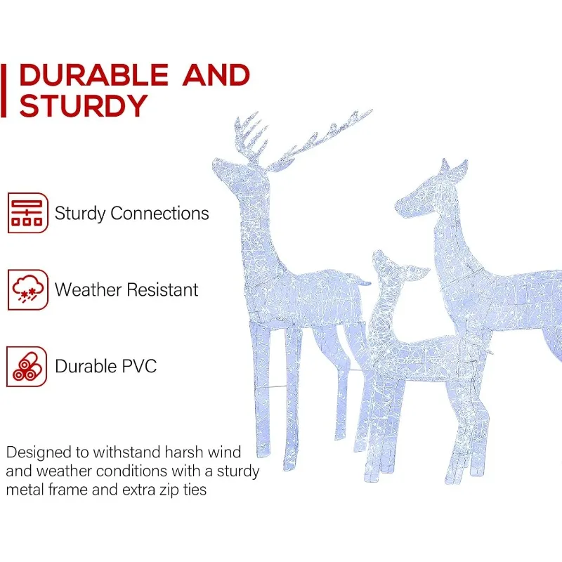 4,5 FT 3D 3-delige vooraf verlichte kerstrendierenfamilie, 3D verlichte fonkelende hertenset met 1660 witte LED-verlichting, Groud Stakes,