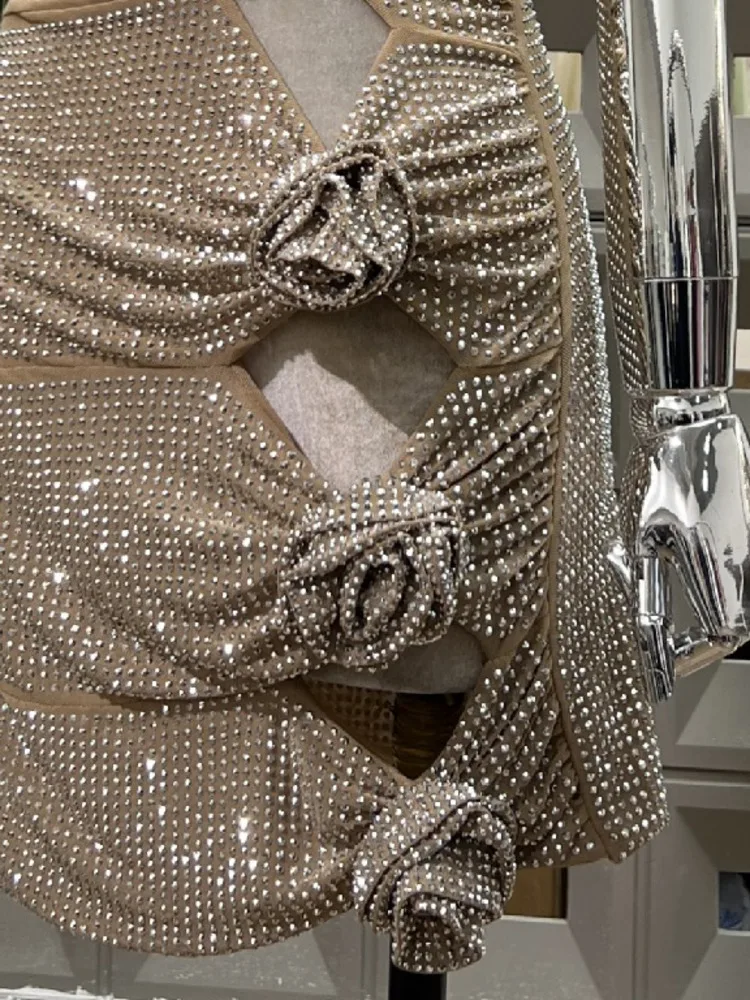 DFDG Women’s 2025 Party Dress Cut-out Strapless Heavy Embroidery Bodycon Y2K Sexy Dress 3D Floral Spring Summer Clubwear Dress