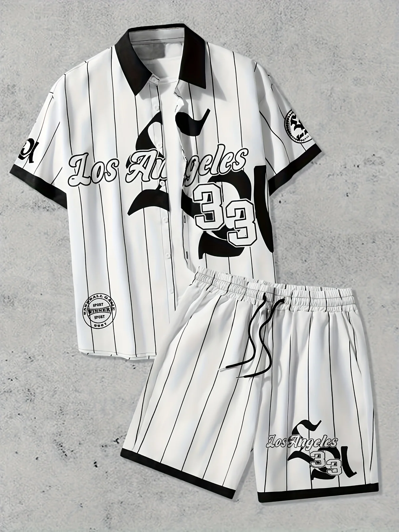 

2025 Summer New Men's Shirt Set Fashion Sports Printed Lapel Shirt short-sleeved Shirts Shorts Set retro Stripes baseball chic
