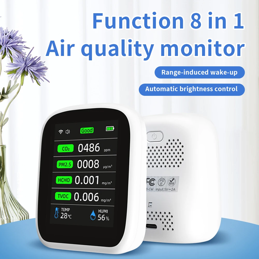 

8 In 1 Air Quality Detector Multifunctional CO2 TVOC HCHO PM2.5 PM1.0 PM10 Carbon Dioxide Tester Temp WiFi APP Online Monitoring