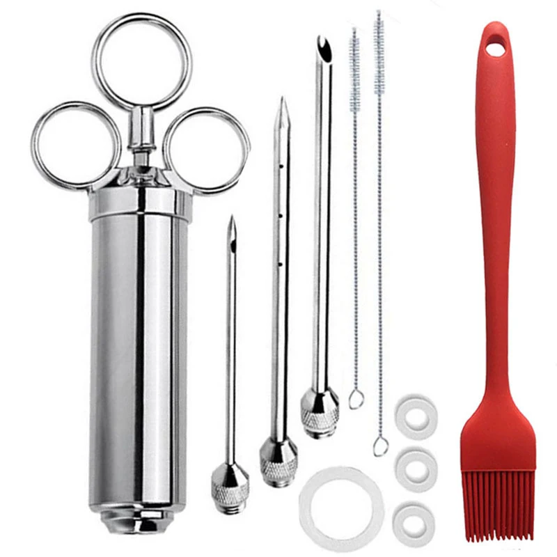 Professional Heavy Duty 304 Stainless Steel Meat Injector Syringe With 3 Marinade Needles