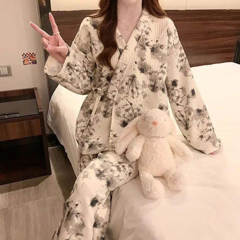 Winter Long Sleeve Thick Warm Interlayer Air Cotton Kimono Pajama Sets for Women Sleepwear Pyjama Homewear Pijama Mujer Clothes