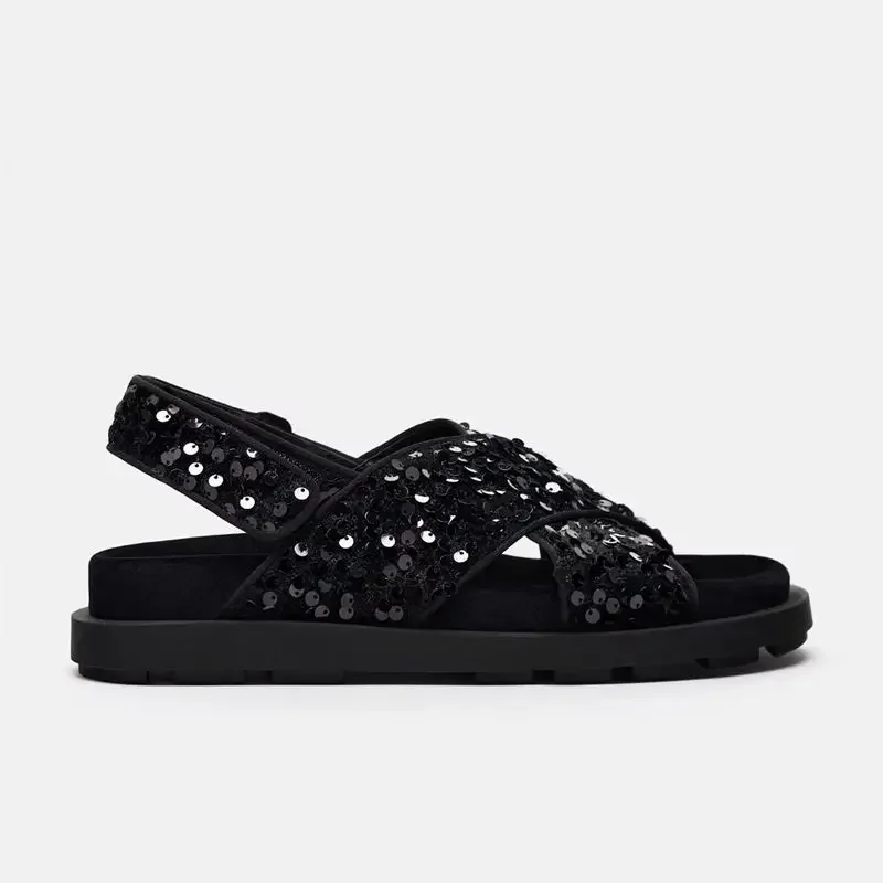 

Women's Shoes New Product Black Bead Decoration Flat Sandals Thick Sole Beach Resort Beach Shoes Small Roman Shoes Sneakers