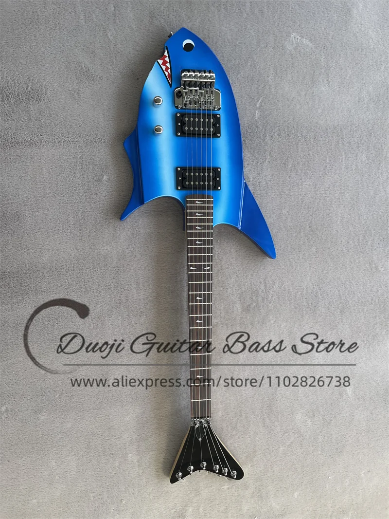 Blue Shark Electric Guitar White Silver body Maple Neck Rose wood fingerboard fish inlaid Tremolo Bridge Chrome hardware factory